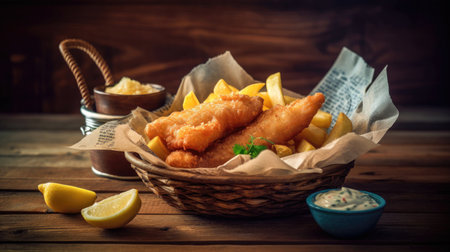 Fish and chips in a basket on a wooden background. Toned. (AI Generated)の素材