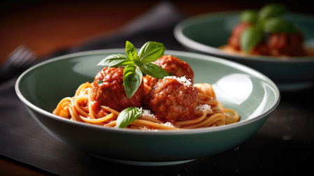 Spaghetti with meatballs and tomato sauce in a bowl on a dark background (AI Generated)の素材