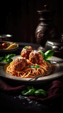 Spaghetti with meatballs and tomato sauce. Italian food. Selective focus. (AI Generated)の素材