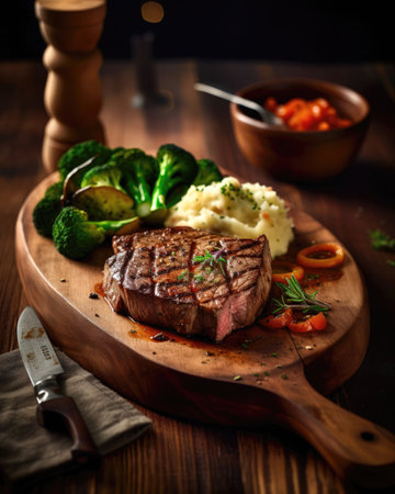 Grilled steak with mashed potatoes and vegetables on a wooden board. (AI Generated)の素材
