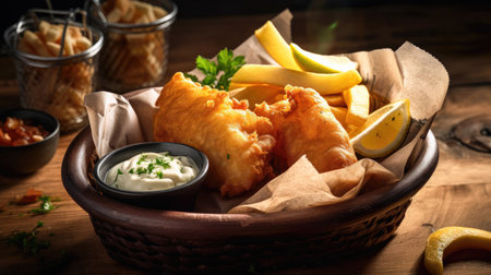 Fish and chips with mayonnaise and sour cream on wooden background (AI Generated)の素材