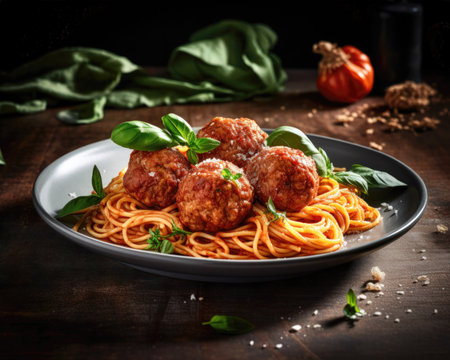 Spaghetti with meatballs, tomato sauce and basil leaves on wooden table (AI Generated)の素材