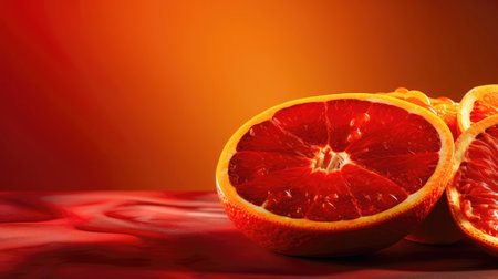 Slices of red orange on a red background with copy space (AI Generated)の素材