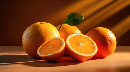 Oranges on a orange background with rays of light and shadow. (AI Generated)の素材