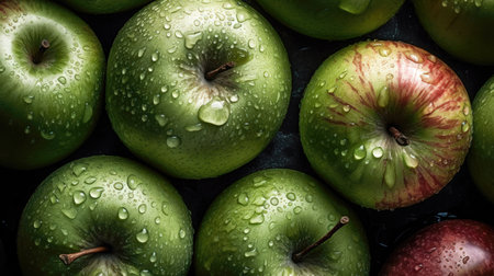 Fresh green apples with water drops on dark background. Top view. (AI Generated)の素材
