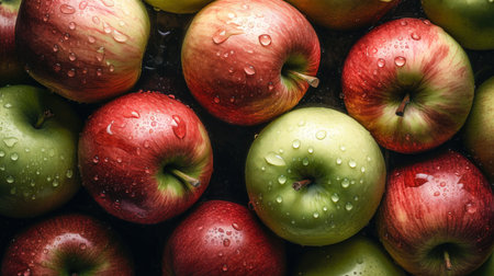Red and green apples with drops of water on a dark background. (AI Generated)の素材