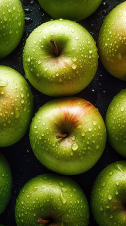 Green apples with water drops on a black background. Close-up. (AI Generated)の素材