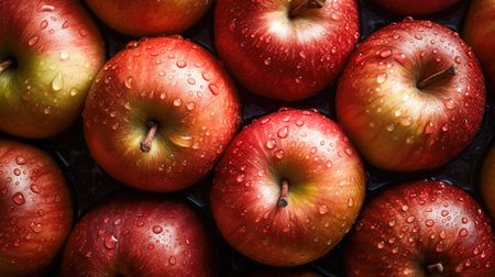 Red apples with water drops on a black background, top view. (AI Generated)の素材