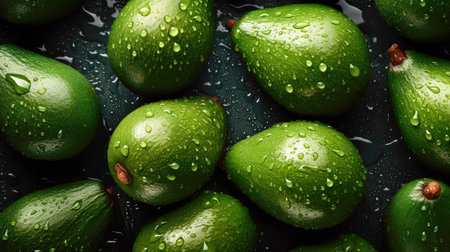 Fresh avocados with water drops on dark background, top view. (AI Generated)の素材