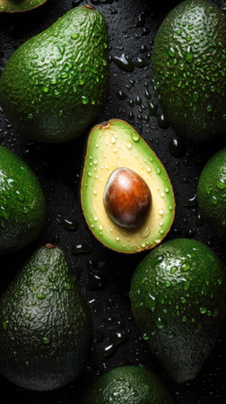 Ripe avocados with water drops on a black background. (AI Generated)の素材