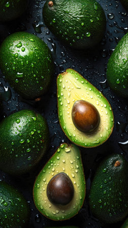 Fresh ripe avocados with water drops on dark background, top view. (AI Generated)の素材