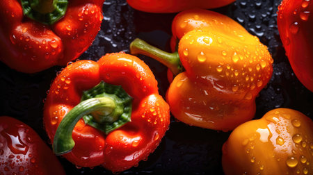 Fresh red and yellow bell peppers on a black background with water drops. (AI Generated)の素材