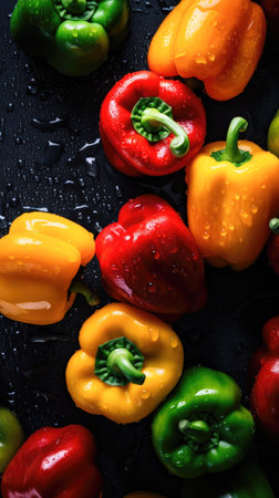 Colorful bell peppers on black background. Top view. (AI Generated)の素材
