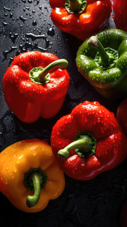 Red, yellow and green bell peppers on black background with water drops. (AI Generated)の素材