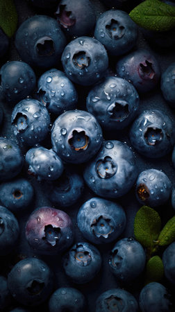 Blueberries with water drops on a dark background. Top view. (AI Generated)の素材