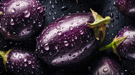 Eggplant with water drops on black background. Close up. (AI Generated)の素材