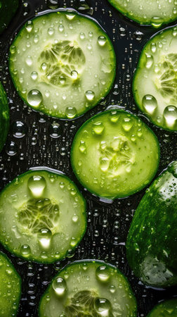 Cucumber slices with water droplets on a black background. (AI Generated)の素材