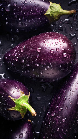Fresh purple eggplants with water drops on black background. Top view. (AI Generated)の素材