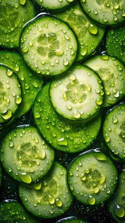 Cucumber slices with water drops on the surface. Top view. (AI Generated)の素材