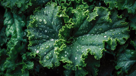 Water drops on fresh green leaves of Kale plant. (AI Generated)の素材