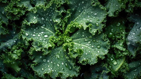 close up of fresh green kale leaves with water droplets. (AI Generated)の素材