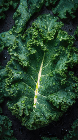 Kale leaves with dew drops on black background, top view. (AI Generated)の素材