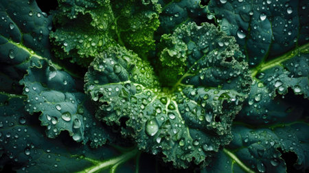 Fresh green kale leaves with dew drops close-up. Nature background. (AI Generated)の素材