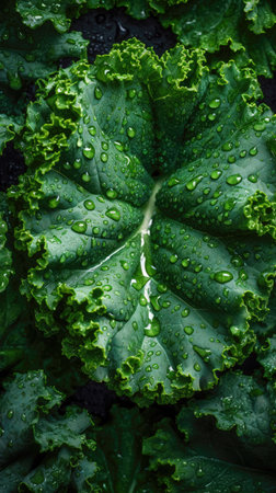 Close up of fresh green kale with water drops. Natural background. (AI Generated)の素材