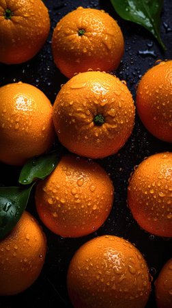 Fresh tangerines with water drops on a black background. Toned. (AI Generated)の素材