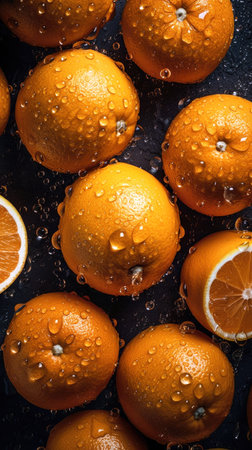 Oranges with drops of water on a dark background. Top view. (AI Generated)の素材