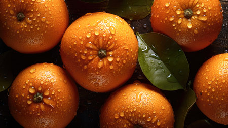 Ripe tangerines with drops of water on a dark background. (AI Generated)の素材