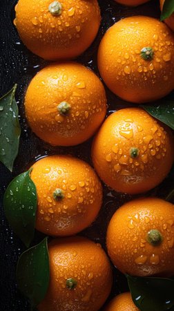 Oranges with water drops on a black background. Top view. (AI Generated)の素材