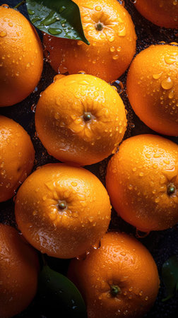 Ripe oranges with drops of water on a dark background. (AI Generated)の素材