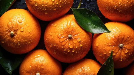 Ripe oranges with drops of water on a black background. (AI Generated)の素材