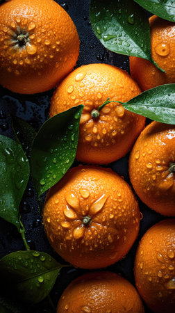 Ripe oranges with green leaves on a black background. (AI Generated)の素材