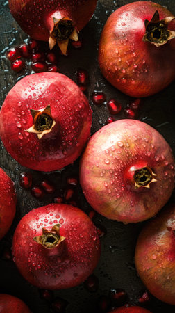 Ripe pomegranates with water drops on a black background. (AI Generated)の素材