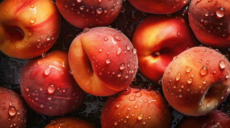 Fresh ripe nectarines with water drops as background, top view. (AI Generated)の素材