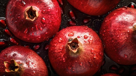 Pomegranate fruit with drops of water on a black background. (AI Generated)の素材