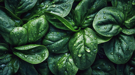 Green leaves with water drops, natural background, top view. (AI Generated)の素材