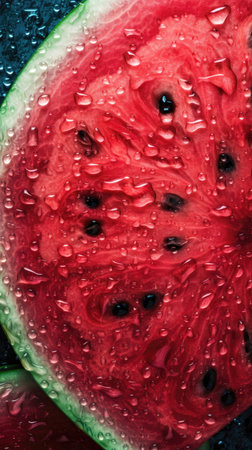 Watermelon with drops of water on a black background. Close-up. (AI Generated)の素材