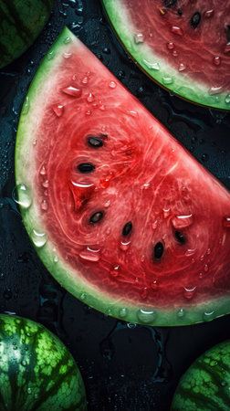 Watermelon slices with water drops on dark background. Top view. (AI Generated)の素材