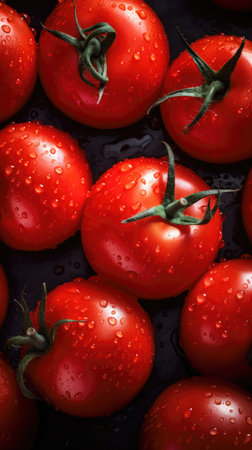 Fresh tomatoes with water drops on a black background. Top view. (AI Generated)の素材