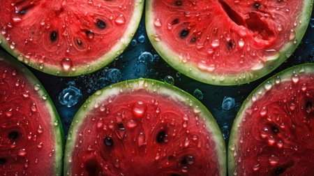 Watermelon slices with water drops on dark blue background, top view (AI Generated)の素材