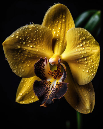 Beautiful yellow orchid flower with water drops on black background. (ai generated)の素材