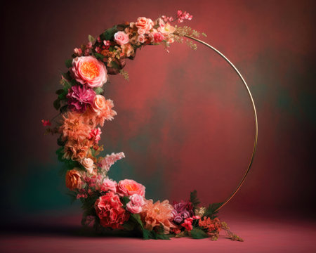 Wedding arch made of colorful flowers on a dark background.の素材