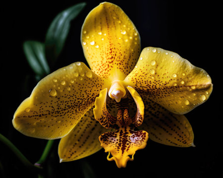 Beautiful yellow orchid flower with water drops on black background. (ai generated)の素材
