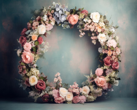 Beautiful vintage floral wreath on a blue background. (ai generated)の素材