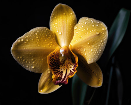 Yellow orchid flower with water drops on black background, close up. (ai generated)の素材
