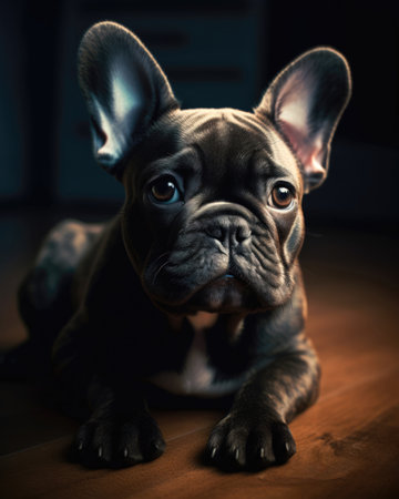 Portrait of a cute french bulldog on a dark background. (ai generated)の素材