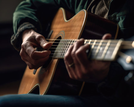 Closeup of a man playing an acoustic guitar, shallow depth of field. (ai generated)の素材